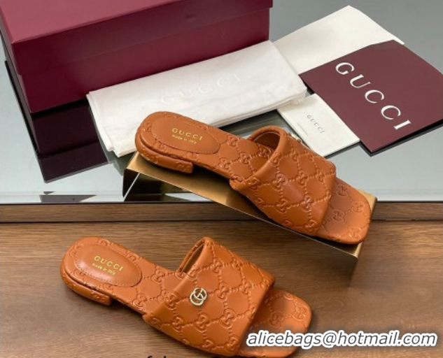 Luxury Gucci Flat Slides Sandal in GG Calf Leather Brown 0609137