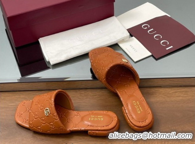 Luxury Gucci Flat Slides Sandal in GG Calf Leather Brown 0609137