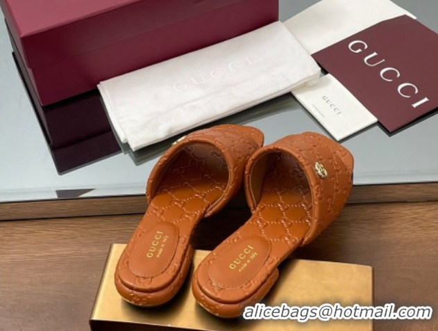 Luxury Gucci Flat Slides Sandal in GG Calf Leather Brown 0609137