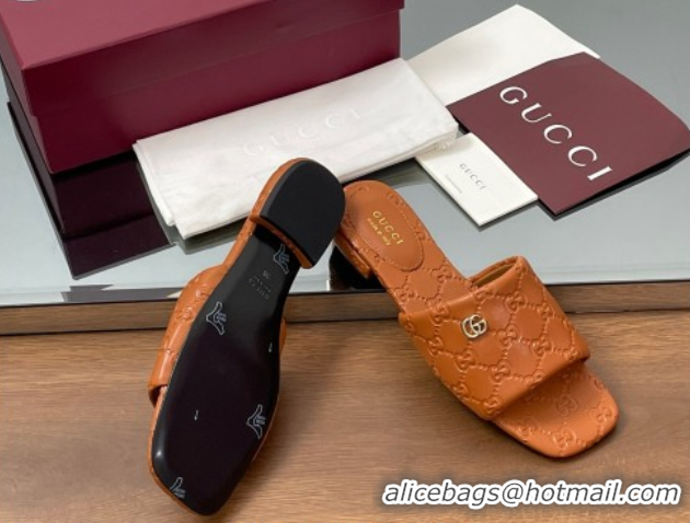 Luxury Gucci Flat Slides Sandal in GG Calf Leather Brown 0609137