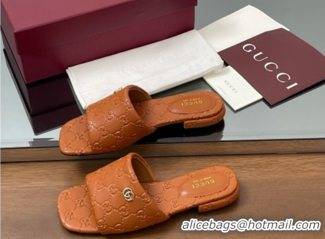 Luxury Gucci Flat Slides Sandal in GG Calf Leather Brown 0609137
