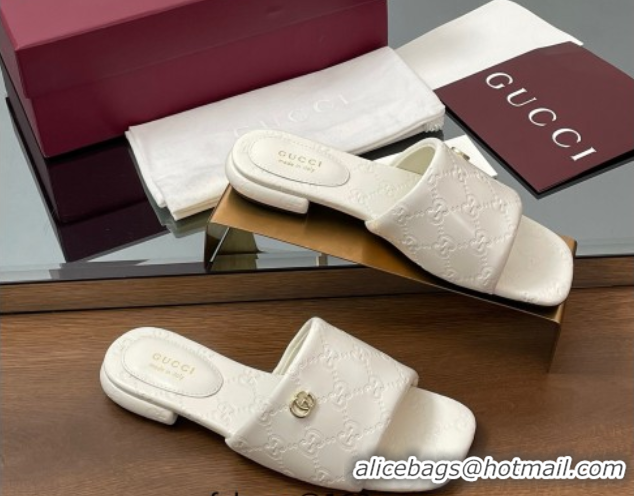 Grade Quality Gucci Flat Slides Sandal in Shiny GG Leather White 0609138