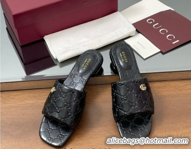 Best Grade Gucci Flat Slides Sandal in Shiny GG Leather Black 0609139