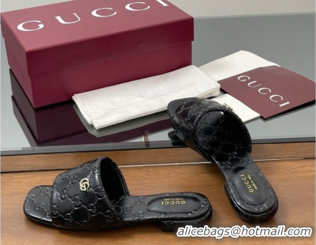 Best Grade Gucci Flat Slides Sandal in Shiny GG Leather Black 0609139