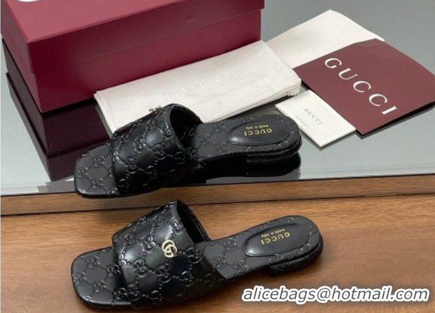 Best Grade Gucci Flat Slides Sandal in Shiny GG Leather Black 0609139