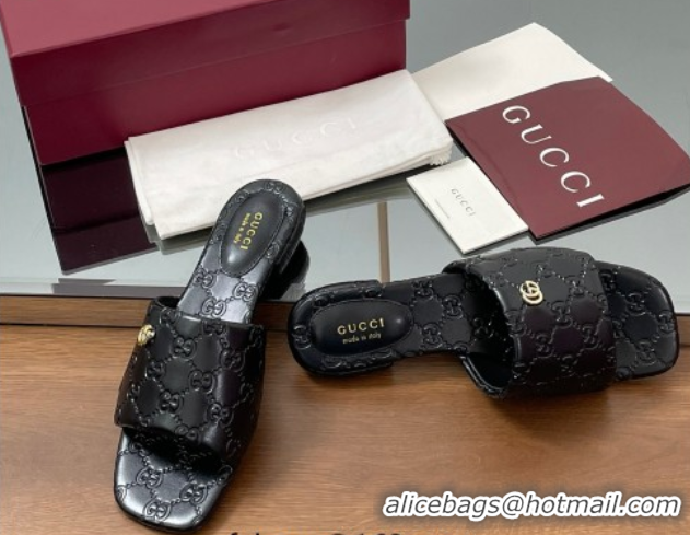 Best Grade Gucci Flat Slides Sandal in Shiny GG Leather Black 0609139