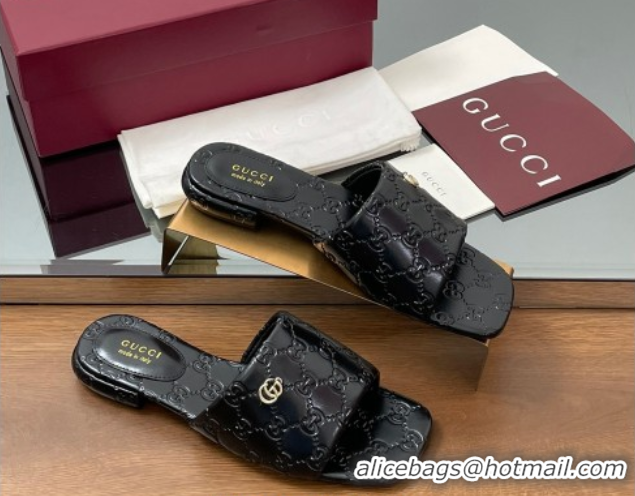 Best Grade Gucci Flat Slides Sandal in Shiny GG Leather Black 0609139