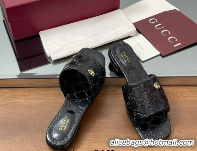 Best Grade Gucci Flat Slides Sandal in Shiny GG Leather Black 0609139