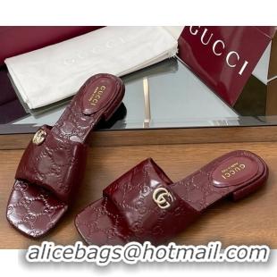 Hot Style Gucci Flat Slides Sandal in Shiny GG Leather Dark Burgundy 0609141