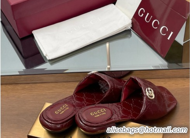 Hot Style Gucci Flat Slides Sandal in Shiny GG Leather Dark Burgundy 0609141