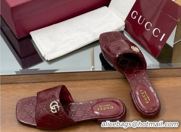 Hot Style Gucci Flat Slides Sandal in Shiny GG Leather Dark Burgundy 0609141
