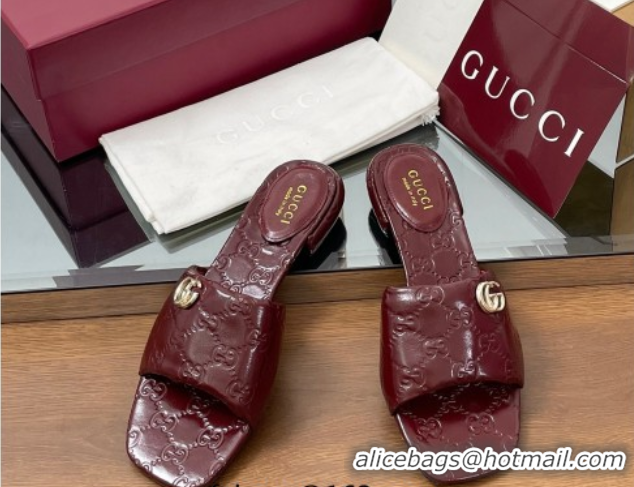 Hot Style Gucci Flat Slides Sandal in Shiny GG Leather Dark Burgundy 0609141