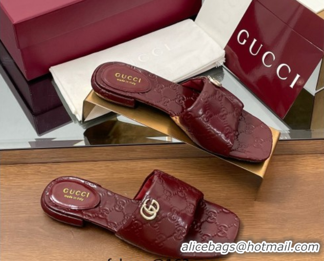 Hot Style Gucci Flat Slides Sandal in Shiny GG Leather Dark Burgundy 0609141