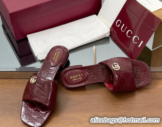 Hot Style Gucci Flat Slides Sandal in Shiny GG Leather Dark Burgundy 0609141