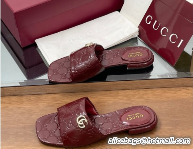 Hot Style Gucci Flat Slides Sandal in Shiny GG Leather Dark Burgundy 0609141