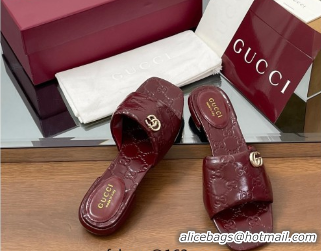 Hot Style Gucci Flat Slides Sandal in Shiny GG Leather Dark Burgundy 0609141