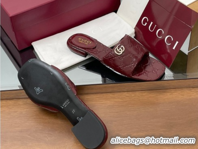 Hot Style Gucci Flat Slides Sandal in Shiny GG Leather Dark Burgundy 0609141
