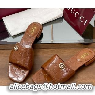 Perfect Gucci Flat Slides Sandal in Shiny GG Leather Brown 0609142