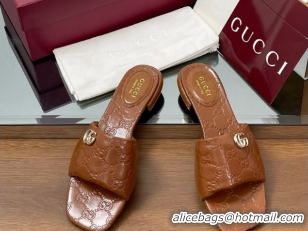 Perfect Gucci Flat Slides Sandal in Shiny GG Leather Brown 0609142