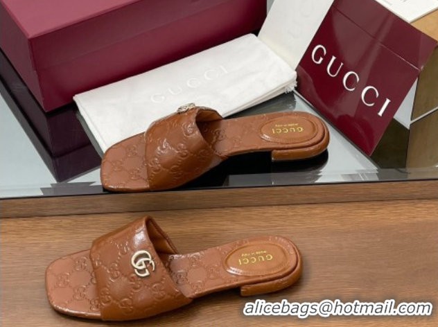 Perfect Gucci Flat Slides Sandal in Shiny GG Leather Brown 0609142