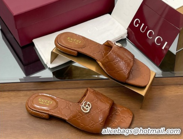 Perfect Gucci Flat Slides Sandal in Shiny GG Leather Brown 0609142