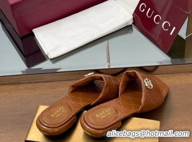 Perfect Gucci Flat Slides Sandal in Shiny GG Leather Brown 0609142