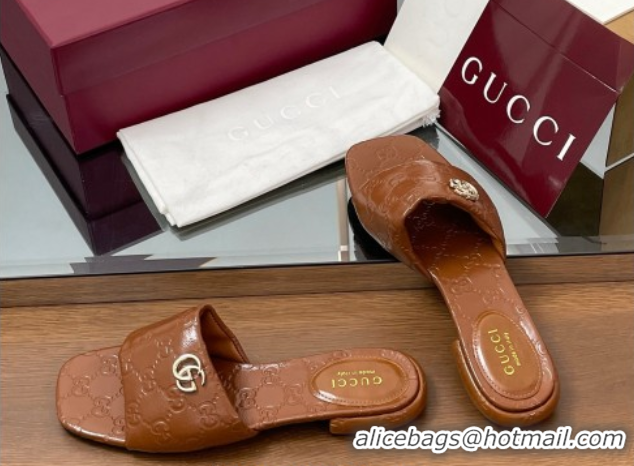Perfect Gucci Flat Slides Sandal in Shiny GG Leather Brown 0609142