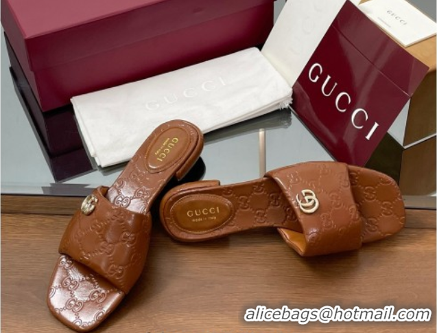 Perfect Gucci Flat Slides Sandal in Shiny GG Leather Brown 0609142
