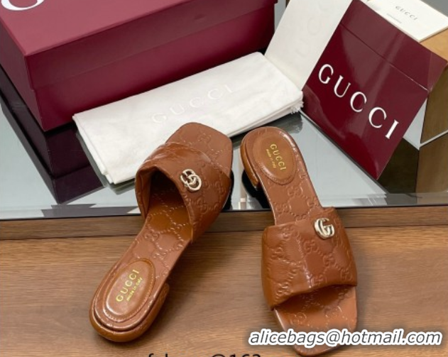 Perfect Gucci Flat Slides Sandal in Shiny GG Leather Brown 0609142