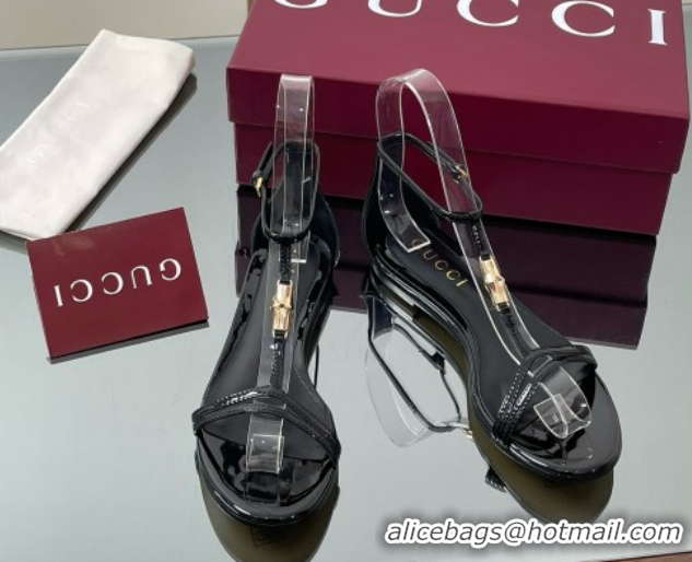 Good Looking Gucci Patent Leather Thong Sandal with Bamboo Black 5070407