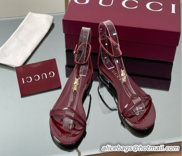 Good Quality Gucci Patent Leather Thong Sandal with Bamboo Burgundy 5070408