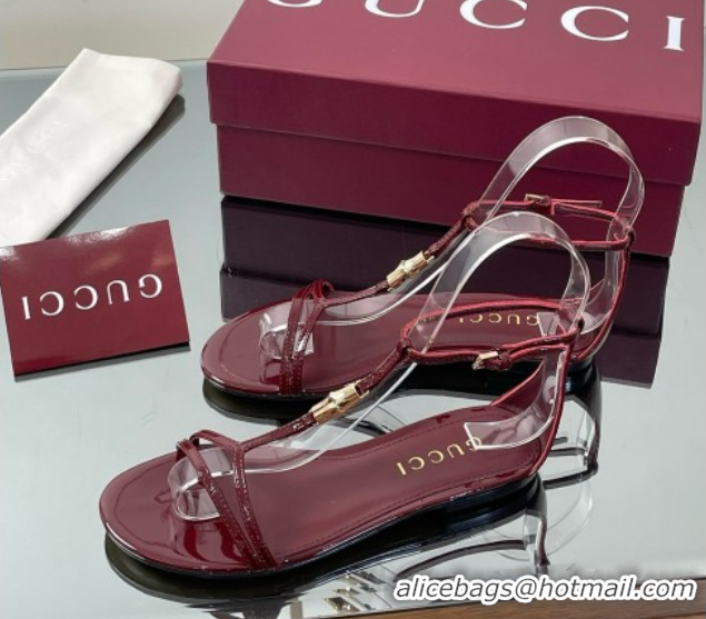 Good Quality Gucci Patent Leather Thong Sandal with Bamboo Burgundy 5070408