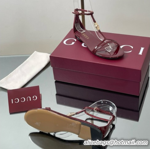 Good Quality Gucci Patent Leather Thong Sandal with Bamboo Burgundy 5070408