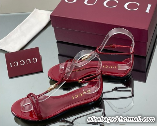 Good Looking Gucci Patent Leather Thong Sandal with Bamboo Deep Red 5070409