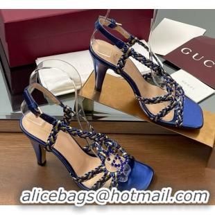 Purchase Gucci Isa Leather Heel Sandals 9cm with Crystal Interlocking G Gold/Blue 5070414