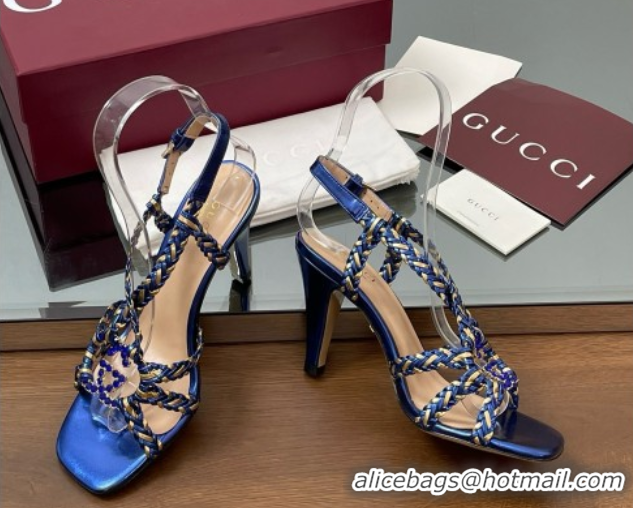 Purchase Gucci Isa Leather Heel Sandals 9cm with Crystal Interlocking G Gold/Blue 5070414