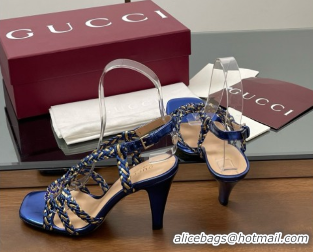 Purchase Gucci Isa Leather Heel Sandals 9cm with Crystal Interlocking G Gold/Blue 5070414
