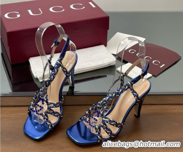 Purchase Gucci Isa Leather Heel Sandals 9cm with Crystal Interlocking G Gold/Blue 5070414