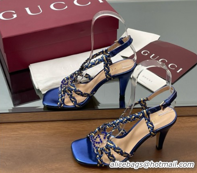 Purchase Gucci Isa Leather Heel Sandals 9cm with Crystal Interlocking G Gold/Blue 5070414