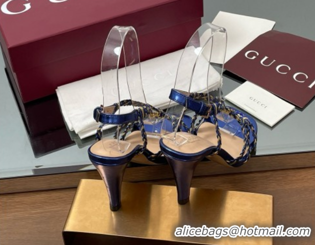 Purchase Gucci Isa Leather Heel Sandals 9cm with Crystal Interlocking G Gold/Blue 5070414
