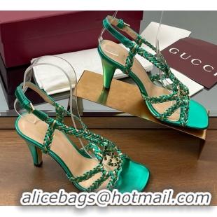 Best Price Gucci Isa Leather Heel Sandals 9cm with Crystal Interlocking G Gold/Green 5070415