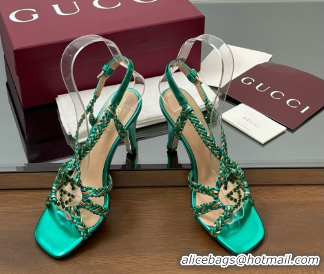Best Price Gucci Isa Leather Heel Sandals 9cm with Crystal Interlocking G Gold/Green 5070415