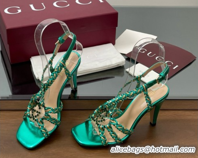 Best Price Gucci Isa Leather Heel Sandals 9cm with Crystal Interlocking G Gold/Green 5070415