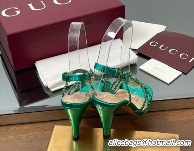 Best Price Gucci Isa Leather Heel Sandals 9cm with Crystal Interlocking G Gold/Green 5070415