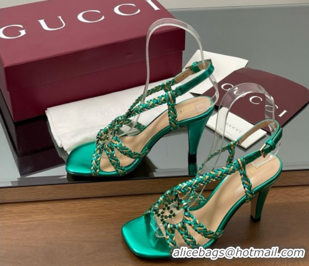 Best Price Gucci Isa Leather Heel Sandals 9cm with Crystal Interlocking G Gold/Green 5070415