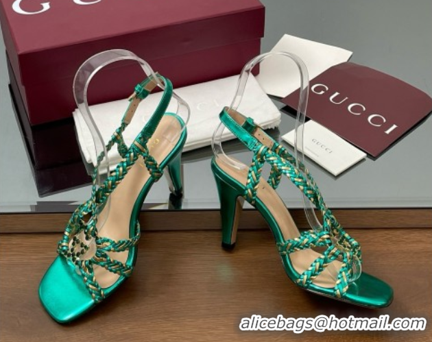Best Price Gucci Isa Leather Heel Sandals 9cm with Crystal Interlocking G Gold/Green 5070415