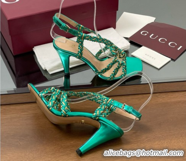 Best Price Gucci Isa Leather Heel Sandals 9cm with Crystal Interlocking G Gold/Green 5070415