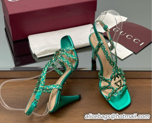 Best Price Gucci Isa Leather Heel Sandals 9cm with Crystal Interlocking G Gold/Green 5070415