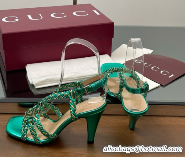 Best Price Gucci Isa Leather Heel Sandals 9cm with Crystal Interlocking G Gold/Green 5070415