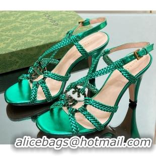 Low Cost Gucci Isa Leather Heel Sandals 9cm with Crystal Interlocking G Green 5070416